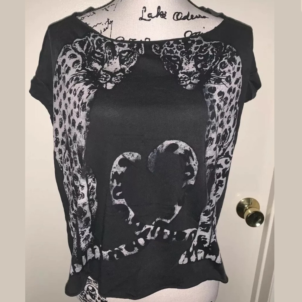 AllSaints Black Cheetah Tee Cut Out Collar Small